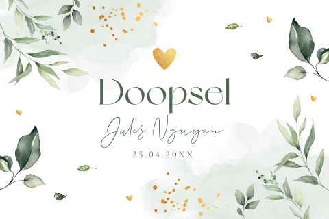 Doopkaart groen waterverf bladeren botanisch jongen