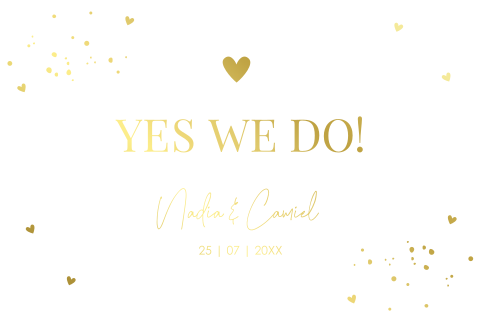 Trouwkaart wit rechthoekig hartjes goudfolie