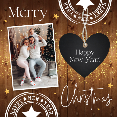 Kerstkaart met foto bruin houtlook hartje