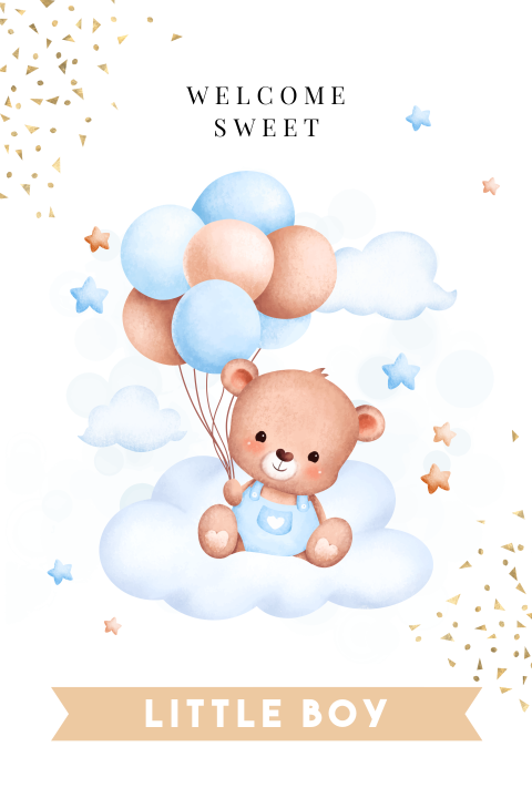 Felicitatiekaart geboorte zoon baby beertje ballonnen