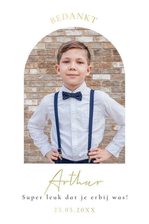 Bedankkaart communie boog vorm foto goudfolie