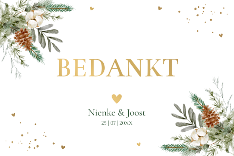 Bedankkaart huwelijk kersttakjes goudfolie
