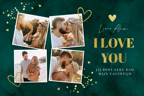 Valentijnskaart donkergroen fotocollage goudfolie