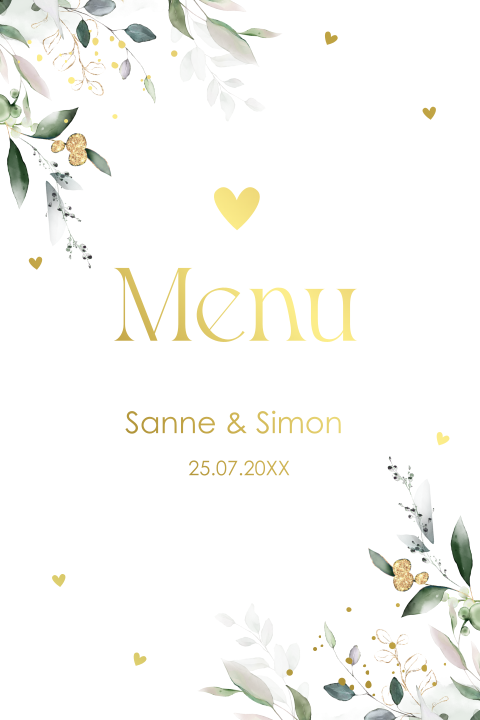 Menukaart huwelijk botanisch groen bladeren goudfolie