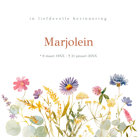 Rouwkaart vrouw kleurrijke veldbloemen watercolour