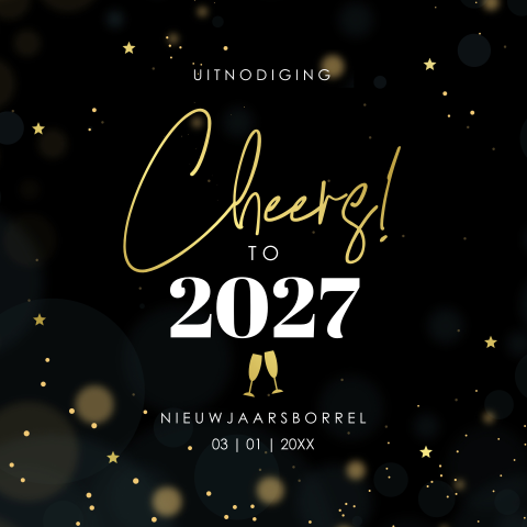Zakelijke nieuwjaarsborrel uitnodiging zwart sterren goudfolie