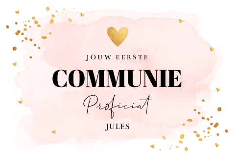 Felicitatie eerste communie kaart meisje watercolour roze goudlook