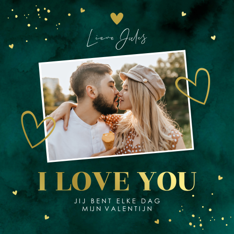 Valentijnskaart groen foto hartjes goudfolie