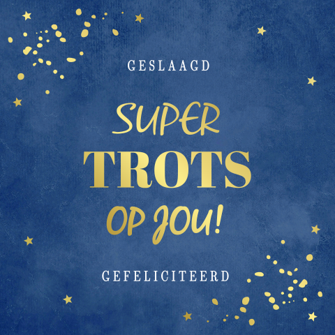 Felicitatie kaart geslaagd diploma blauw goudfolie man