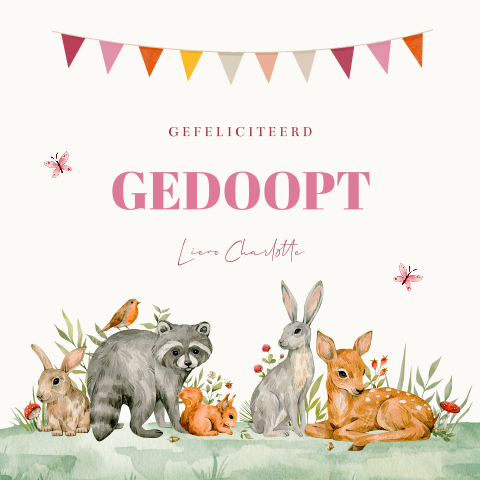 Felicitatie kaart doop meisje bosdieren slinger