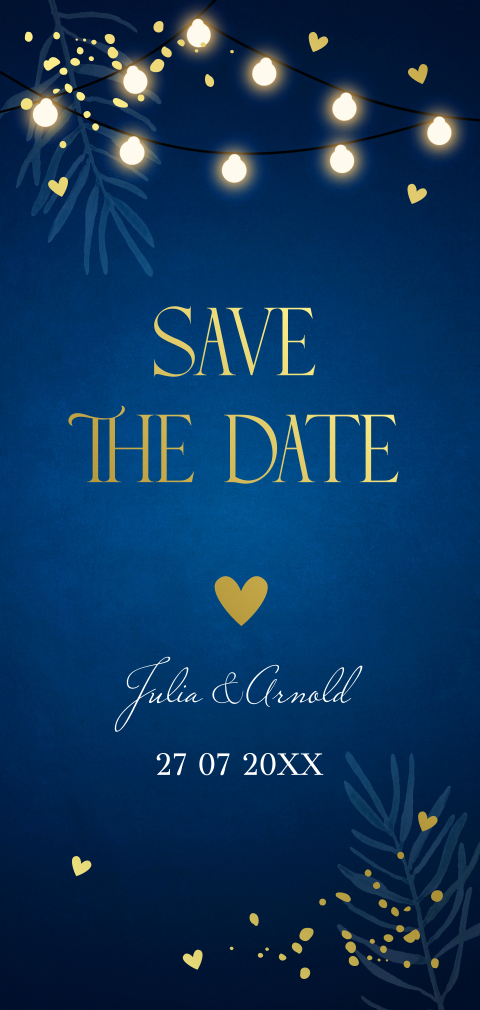 Save the Date kerstkaart langwerpig blauw lampjes goudfolie