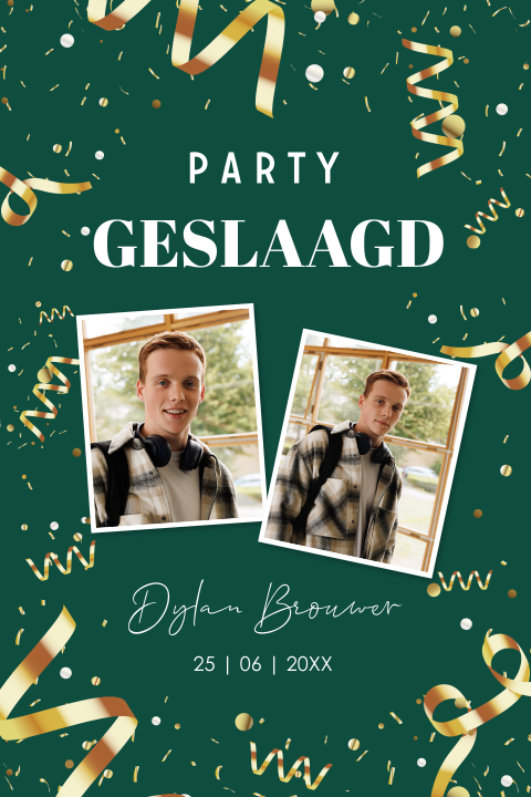 Uitnodiging geslaagd feest foto jongen groen confetti