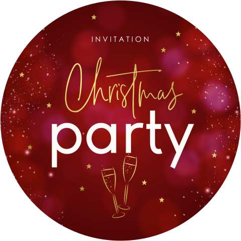 Kerstborrel uitnodiging rond rood champagneglazen goudfolie