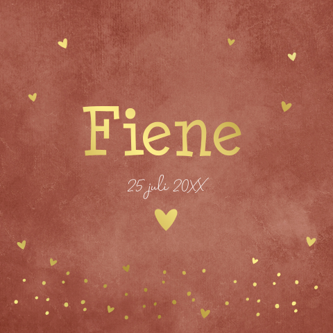 Geboortekaartje meisje roestbruin hartjes goudfolie