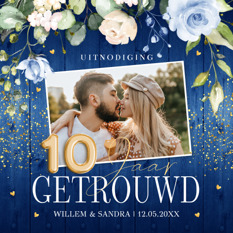 Jubileum uitnodiging 10 jaar getrouwd bloemen blauw foto