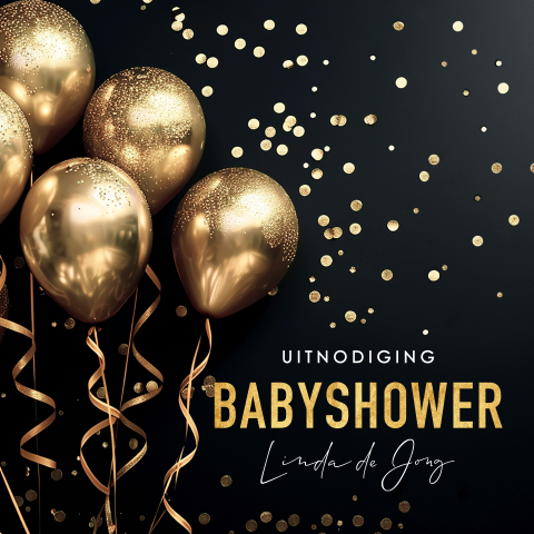 Babyshower uitnodiging met ballonnen goudlook zwart