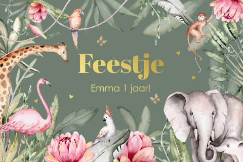 Uitnodiging kinderfeestje meisje jungle dieren groen roze goudfolie