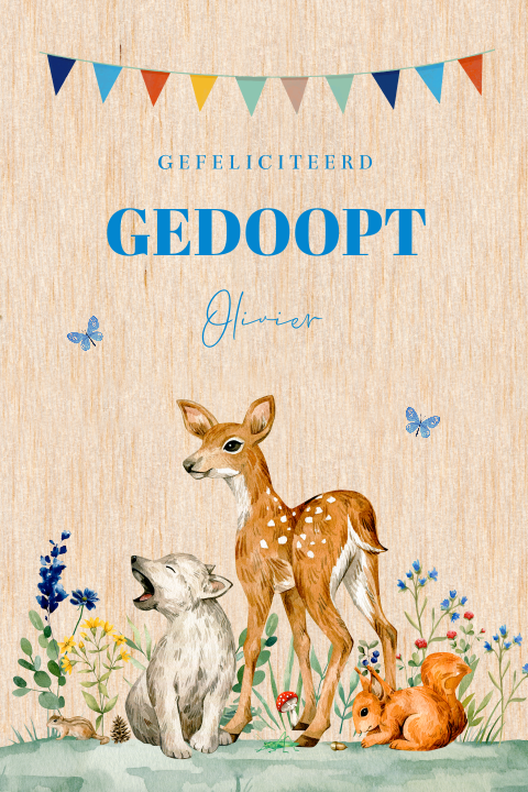 Felicitatie kaart doop jongen hertje bosdieren slinger houtlook