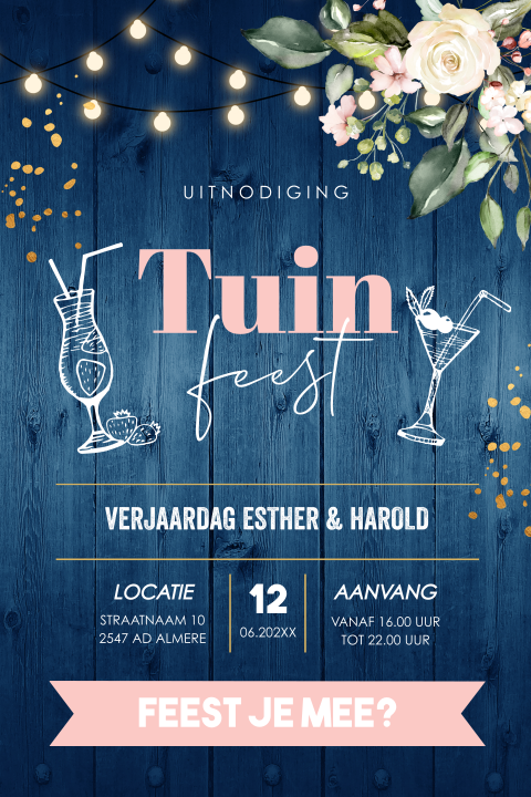 Tuinfeest uitnodiging blauw hout bloemen lampjes