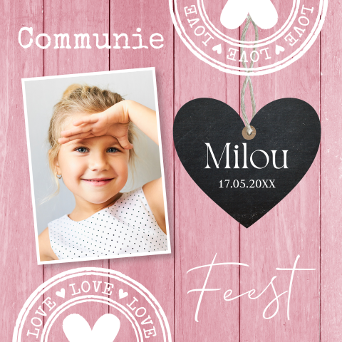 Communie uitnodiging meisje roze foto hout look