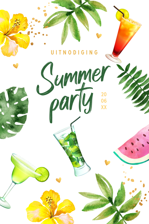 Uitnodiging tuinfeest tropisch cocktails zomer bladeren