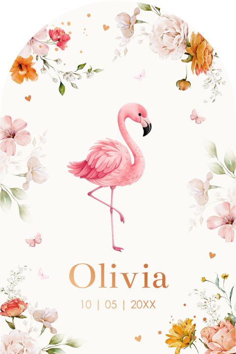 Geboortekaartje flamingo beige bloemen goudfolie boog