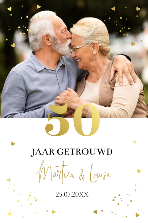 Jubileum uitnodiging huwelijk 50 jaar getrouwd met foto goudfolie