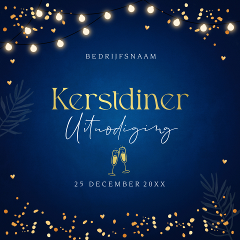 Kerstdiner uitnodiging blauw lampjes goudfolie