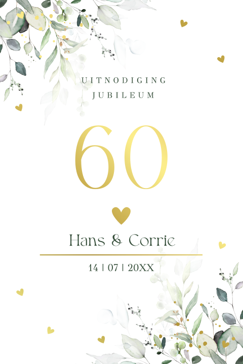 Jubileum uitnodiging 60 jaar getrouwd botanisch bladeren goudfolie