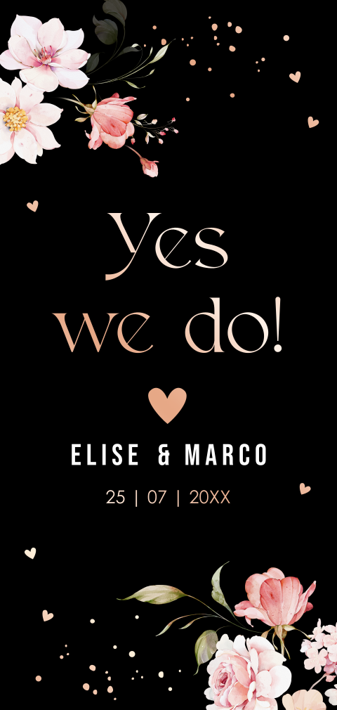 Trouwkaart zwart langwerpig roze bloemen rosegoudfolie