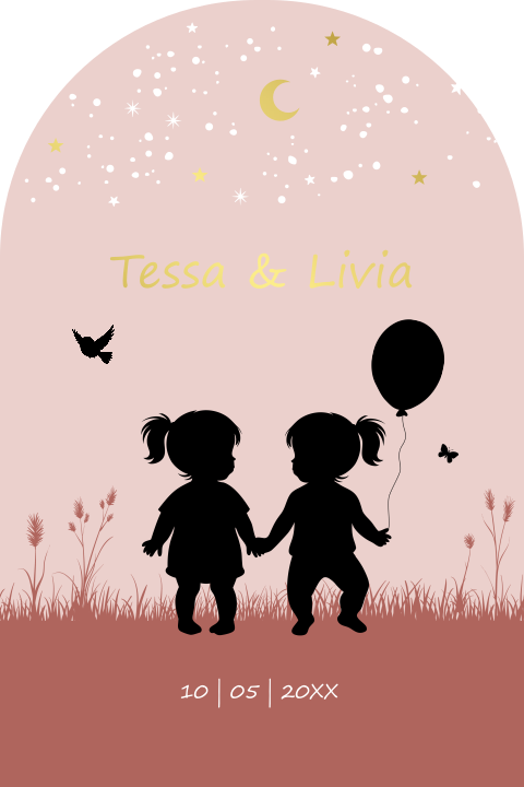 Geboortekaartje tweeling silhouet meisjes roze boog goudfolie