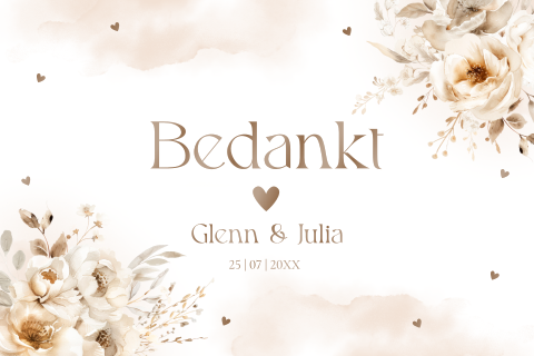Bedankkaart huwelijk bloemen beige hoogglans