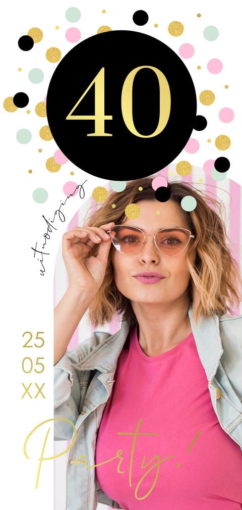 Uitnodiging verjaardag 40 jaar foto dots roze goudfolie