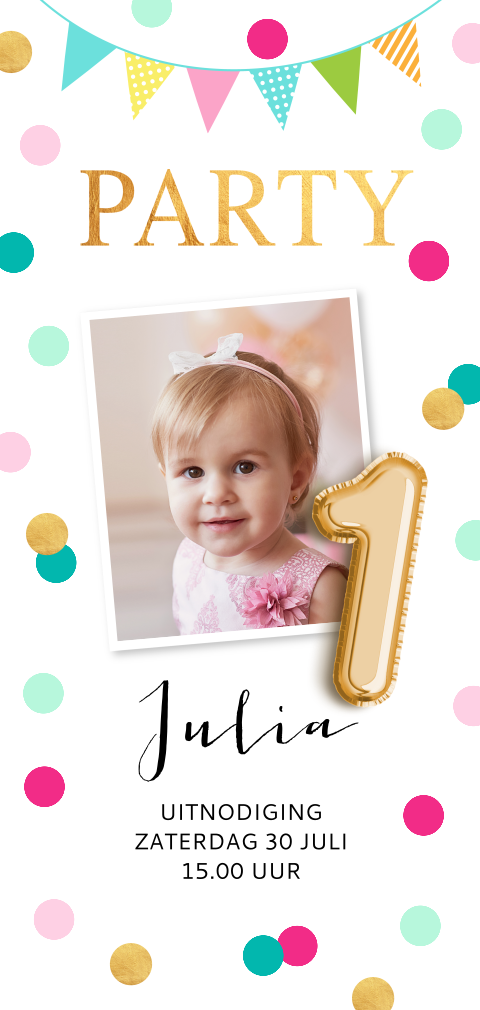 Uitnodiging kinderfeestje meisje 1 jaar foto ballon goud roze dots