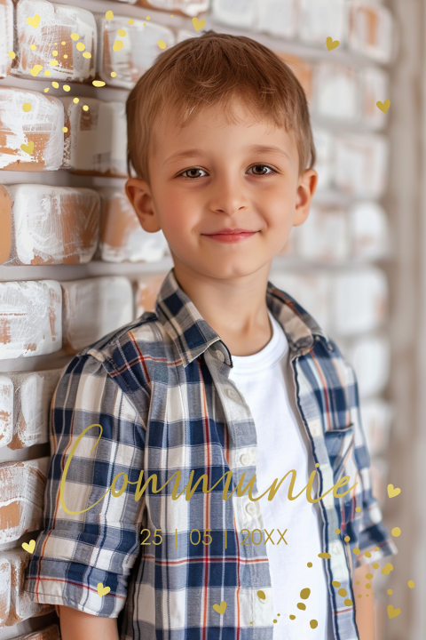 Communie uitnodiging jongen eigen foto goudfolie