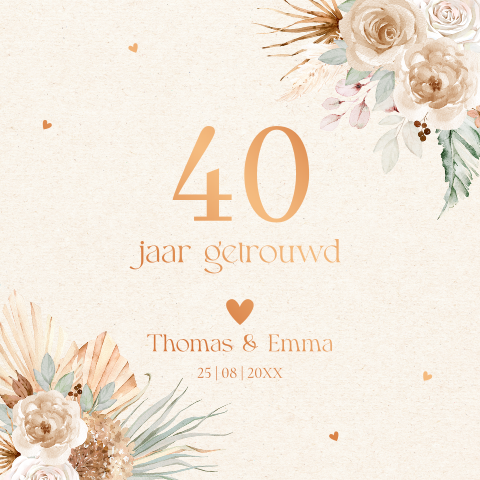 Jubileum uitnodiging 40 jaar getrouwd bohemian beige koperfolie