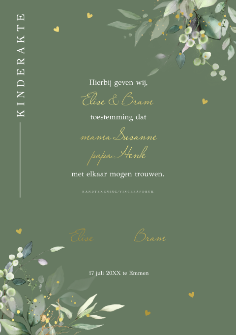 Kinderakte huwelijk botanisch groen bladeren goudfolie