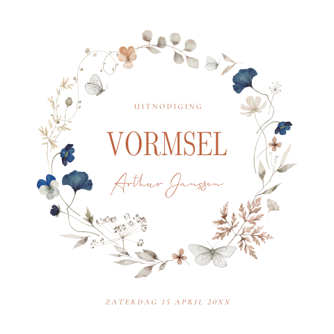 Vormsel uitnodiging jongen wit bloemen blauw krans