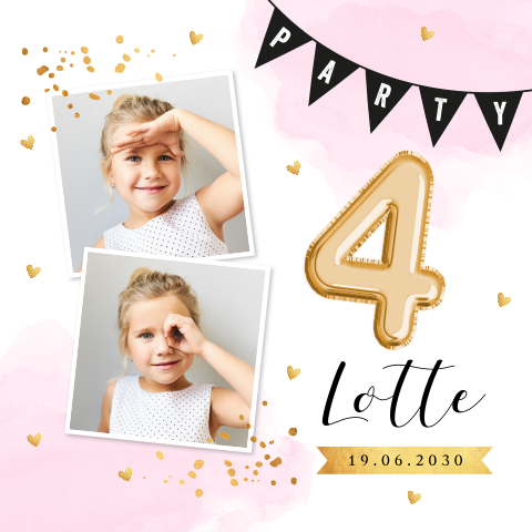 Uitnodiging kinderfeestje meisje roze waterverf foto ballon 4 jaar