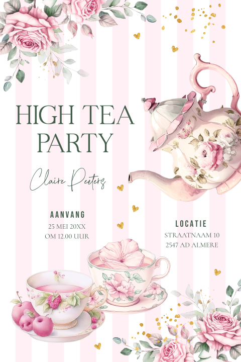 High Tea uitnodiging bloemen theekopjes roze