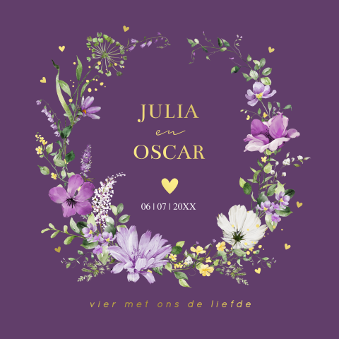 Stijlvolle trouwkaart bloemen krans paars goudfolie