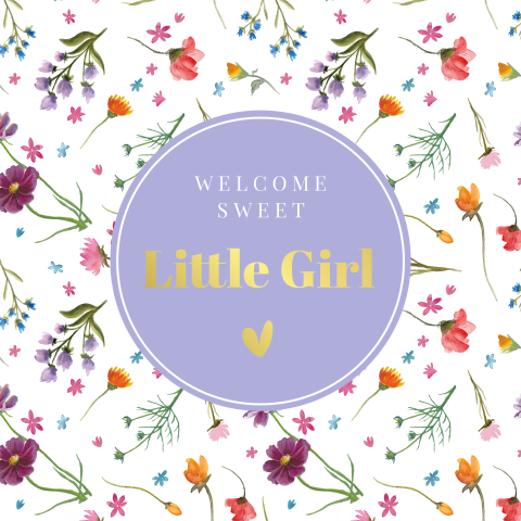 Felicitatie geboorte dochter baby meisje bloemen goudfolie paars