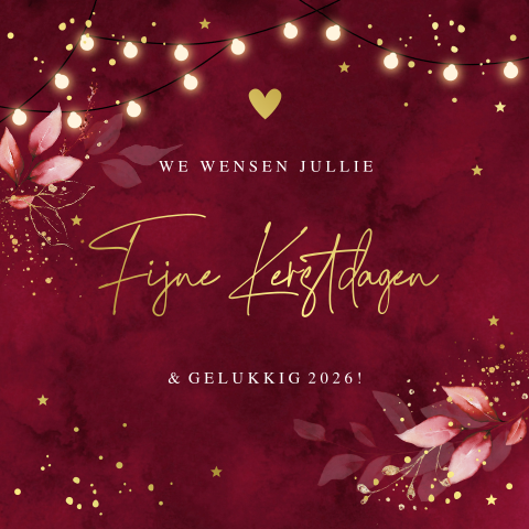 Kerstkaart rood botanisch bladeren lampjes goudfolie