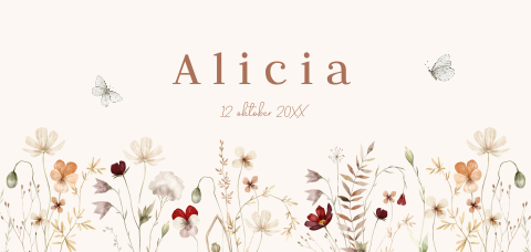 Geboortekaartje meisje bloemen panorama beige wit