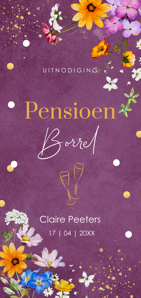 Pensioen uitnodiging borrel vrouw bloemen paars