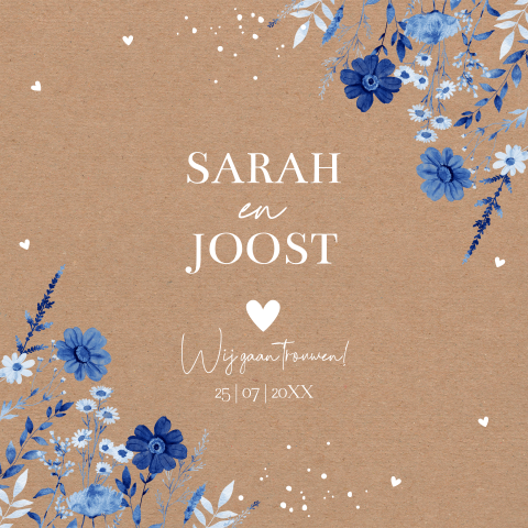 Trouwkaart bloemen blauw kraftlook bruin