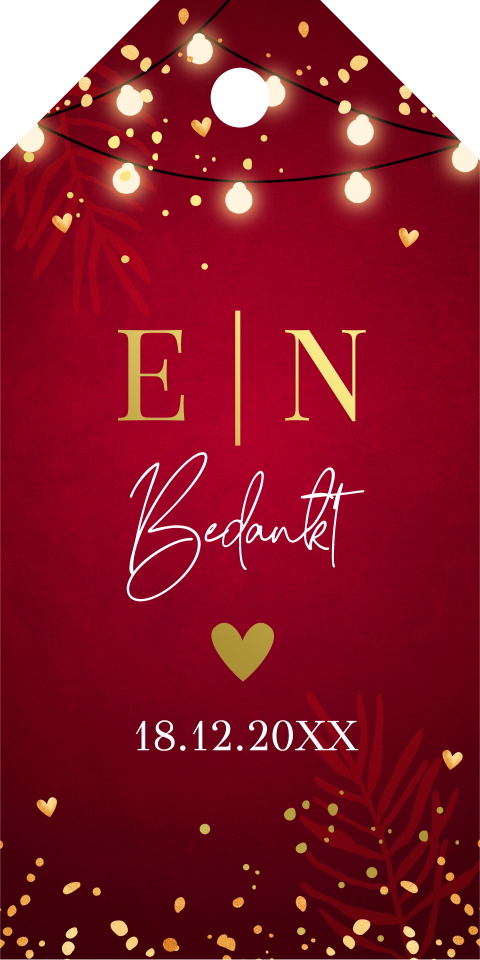 Bruiloft labeltjes winterwedding rood lampjes goudfolie | 18 stuks