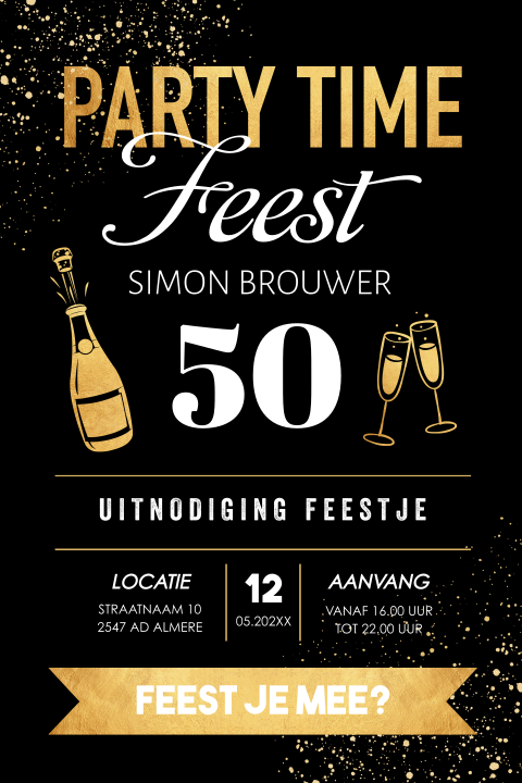 Uitnodiging verjaardag 50 jaar zwart goudlook typografie feest