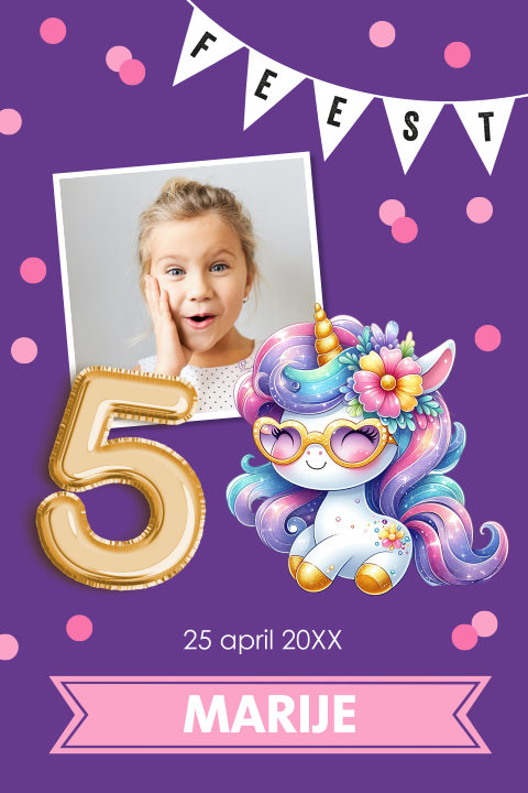 Uitnodiging kinderfeestje meisje 5 jaar foto eenhoorn
