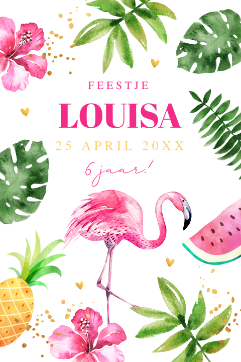 Uitnodiging kinderfeestje meisje flamingo tropisch bladeren
